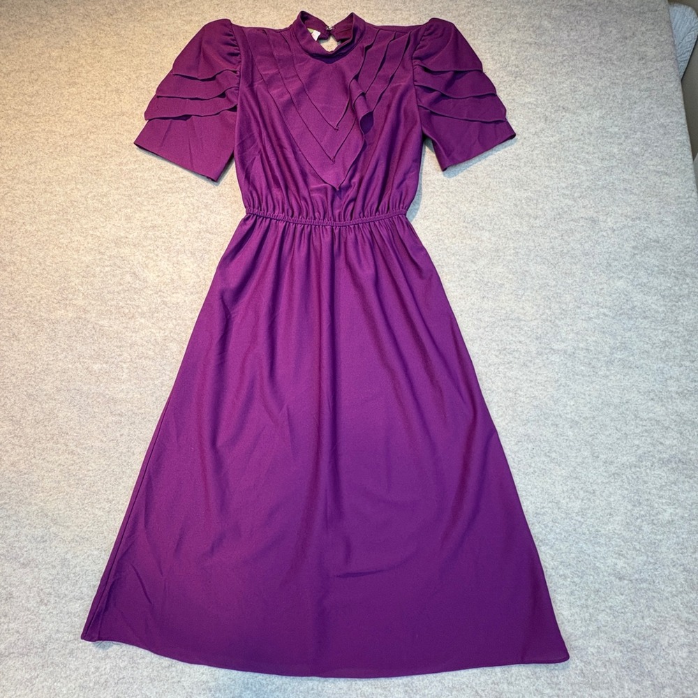 Vintage Jerri Jee New York Purple Midi Dress Ruffle Sleeve 70s 80s Retro XS S